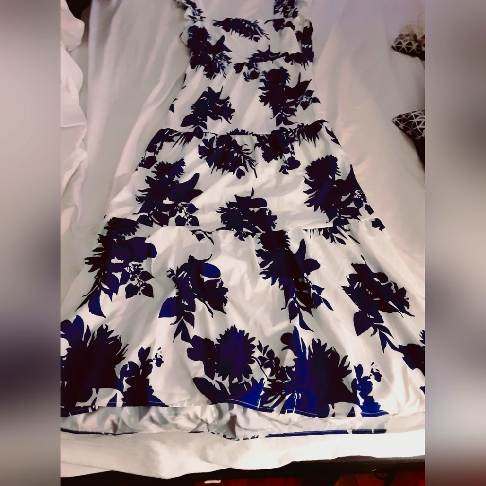 Kara and Kate...L...floor length dress. Blue and white